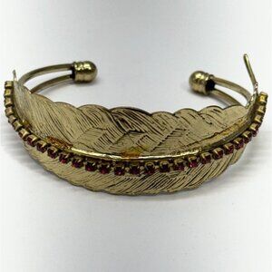 Vintage red rhinestone gold feather cuff bracelet